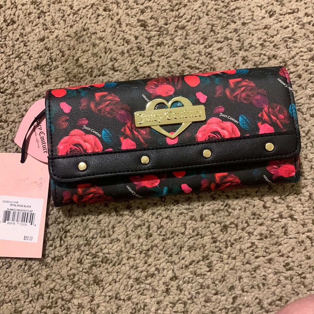 NWT!!! Juicy Couture black rose petal print glam flap clutch wallet!